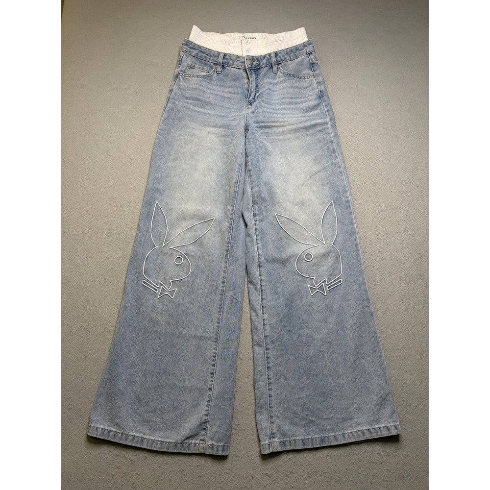 Playboy Jeans Women 9 Blue Wide Leg Double Waistband Y2K Bunny Logo PBW1002N069B